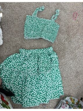 SHEIN Green Floral Two-Piece Smocked Crop Top & Tiered Skirt